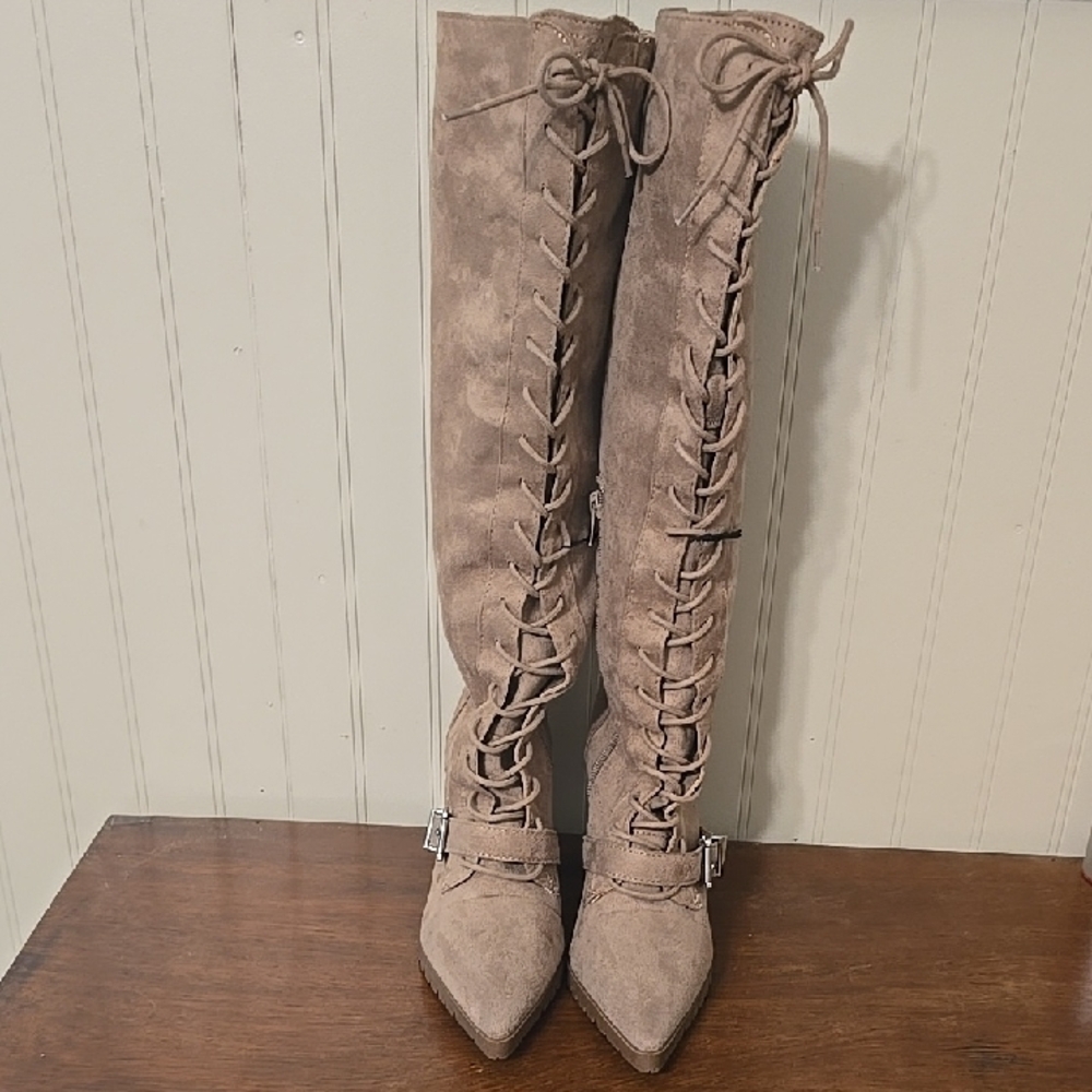Charles By Charles David Lace-Up Heeled Boots - Taupe 6.5 - Picture 2 of 5